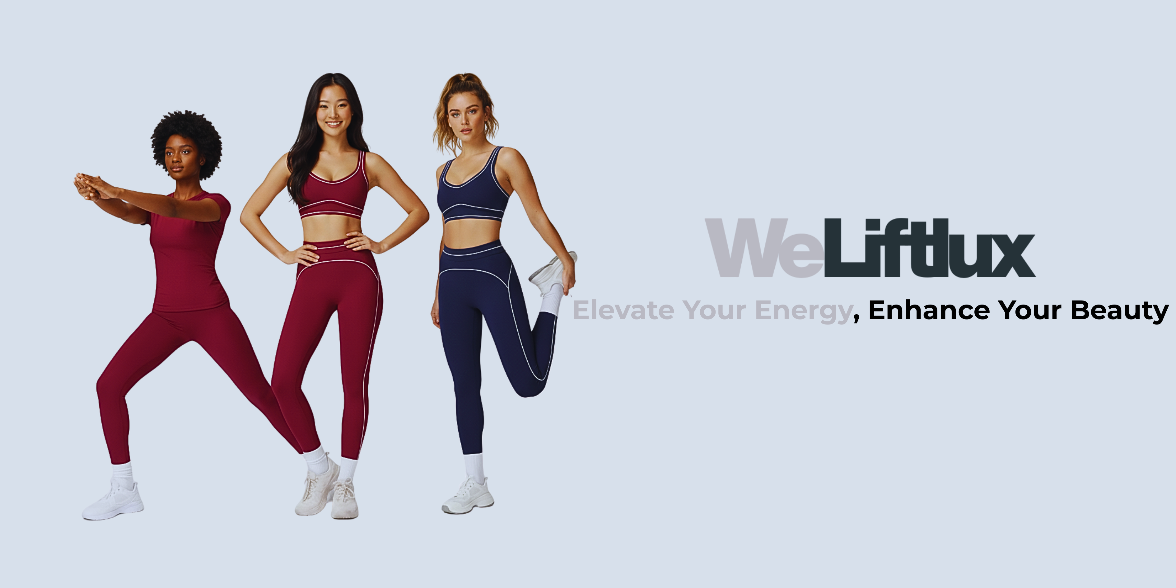 Three women in athletic wear posing against a light gray background with 'WeLiftlux' branding.