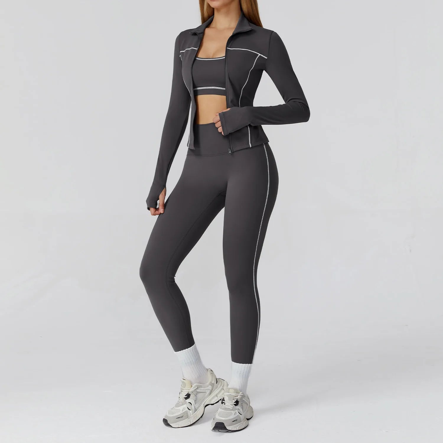 Conjunto Fitness de Compressão 2 ou 3 Peças com Jaqueta Zip, Top e Legging | We Liftlux