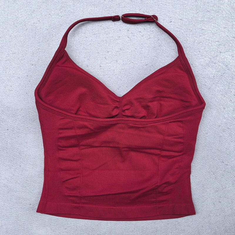 Red halter top on a light gray background