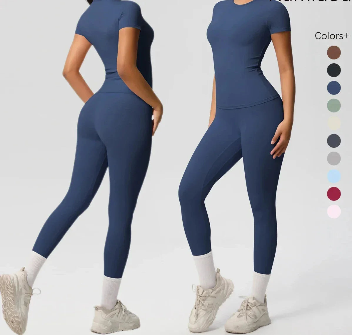 Woman wearing a blue athletic outfit with color swatches on a white background